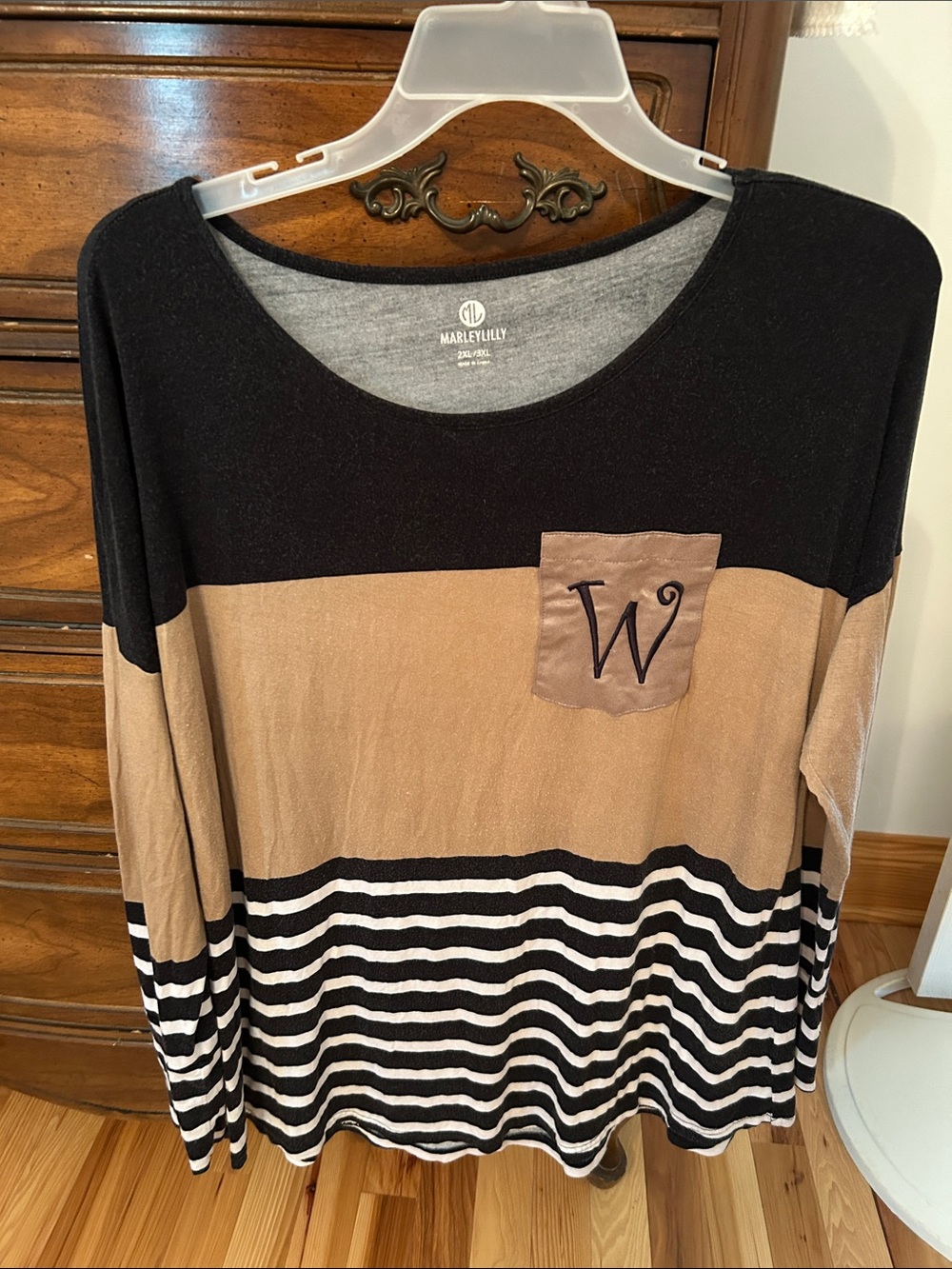 MarleyLyla Women's Black & Tan Striped Long Sleeve Tee with Monogram Pocket